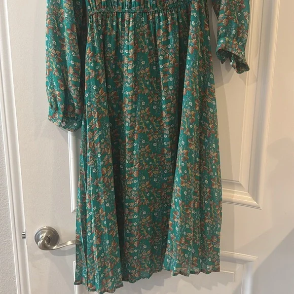 Haokeke Green Floral Long Sleeve Chiffon Pleated Midi Dress - M - Picture 15 of 16